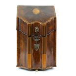 George III mahogany serpentine knife and cutlery box, the slope frront with inlaid marquetry to