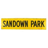 Enamel destination train sign for Sandown Park, in black lettering on a yellow ground, 20 x 84cm. .