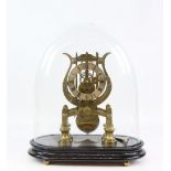 19th century brass lyre form single fusee skeleton clock on ebonised base under a glass dome