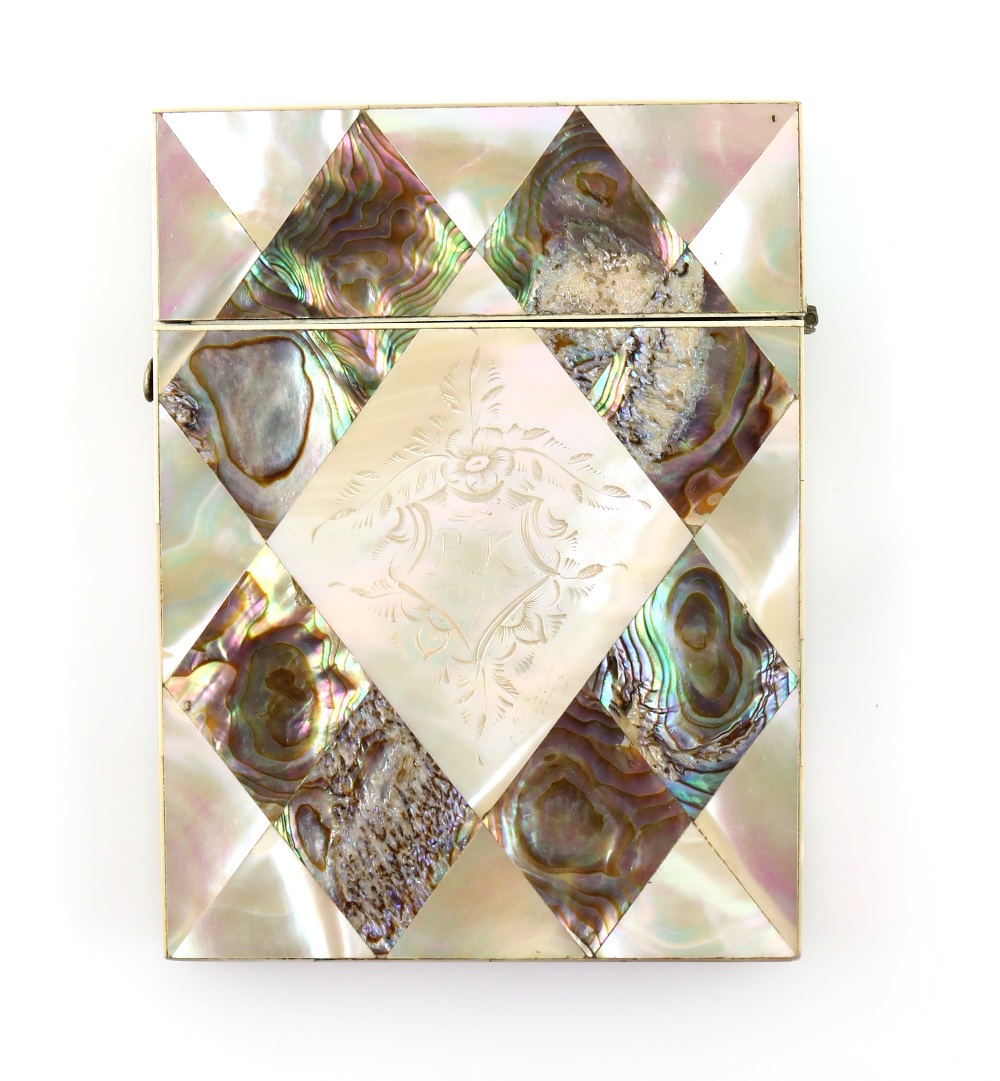 19th century mother of pearl and abelone diamond patterned card case with a panel engraved with