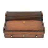 19th century mahogany timber front writing box with hinged top above a drawer 17 x 26cm . .