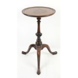 19th century mahogany wine table on turned and carved column, on tripod base and pad feet, 58cm
