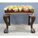 19th century mahogany stool on cabriole legs and ball and claw feet, 41cm x 48cm x 39cm,. .