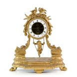 French gilt spelter mantle clock with swinging cherub pendulum and giltwood stand, 32cm. .