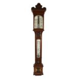 19th century carved mahogany stick barometer, with porcelain weather dial and thermometer, 115