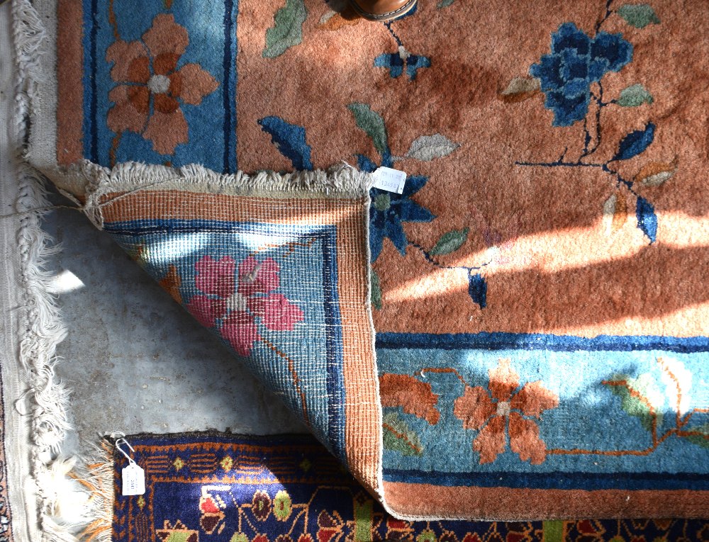 Chinese Orange ground rug with main blue border, the centre with cartouche and floral forms 188cm - Image 3 of 3