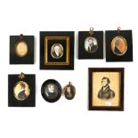Eight various miniature portraits mostly in ebonised frames, . .