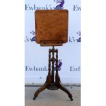Victorian burr walnut music stand / reading tilt top table, with brass plaque for T.H.Filmer and