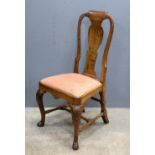 Queen Anne style single chair with vase shaped splat back, on carved cabriole legs,. .