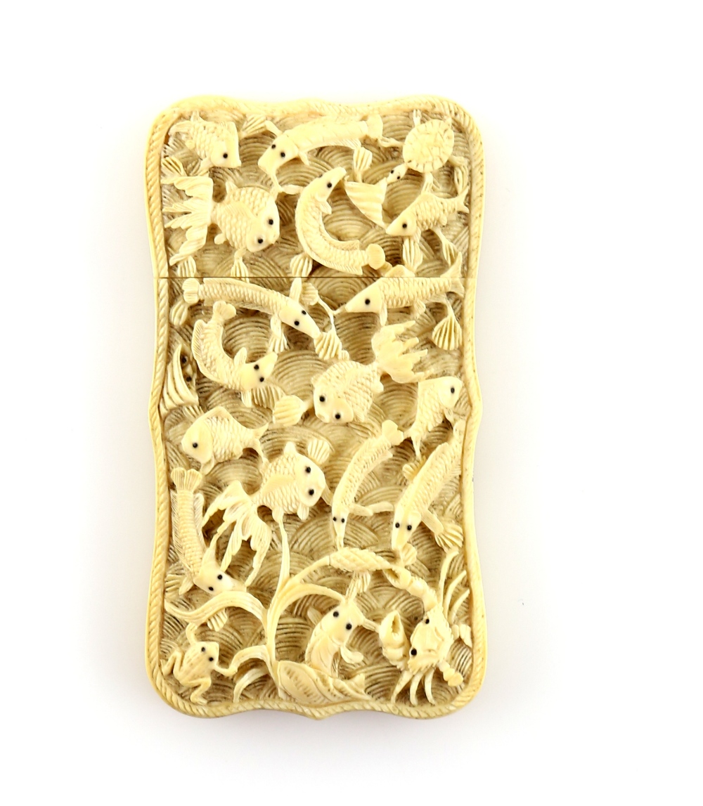 19th century Chinese carved ivory card case decorated with sea creatures on one side and figures