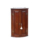 19th century mahogany wall hanging corner cupboard, with inlaid decoration, 91cm x 57cm,. .