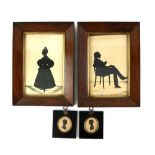 Pair of 19th century oval portrait silhouettes, each 6cm x 7cm, and two silhouettes of a man and a
