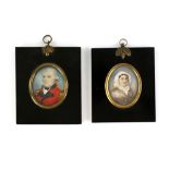 Pair of 19th century oval portrait miniatures depicting an army officer and a lady in a bonnet, 6.