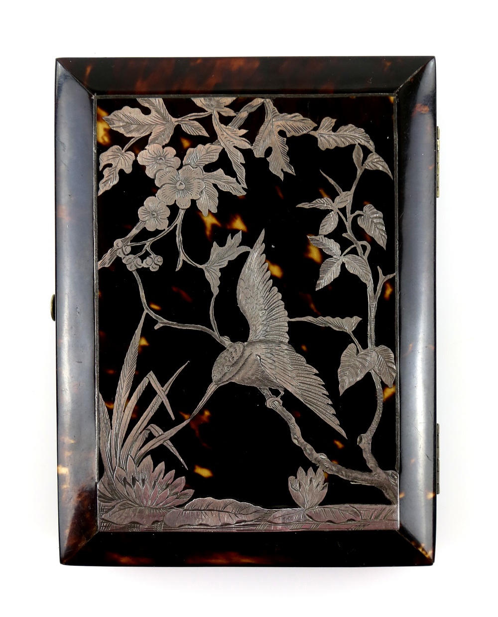 19th century tortoiseshell card case with silvered metal inlay, depicting a kingfisher by a stream