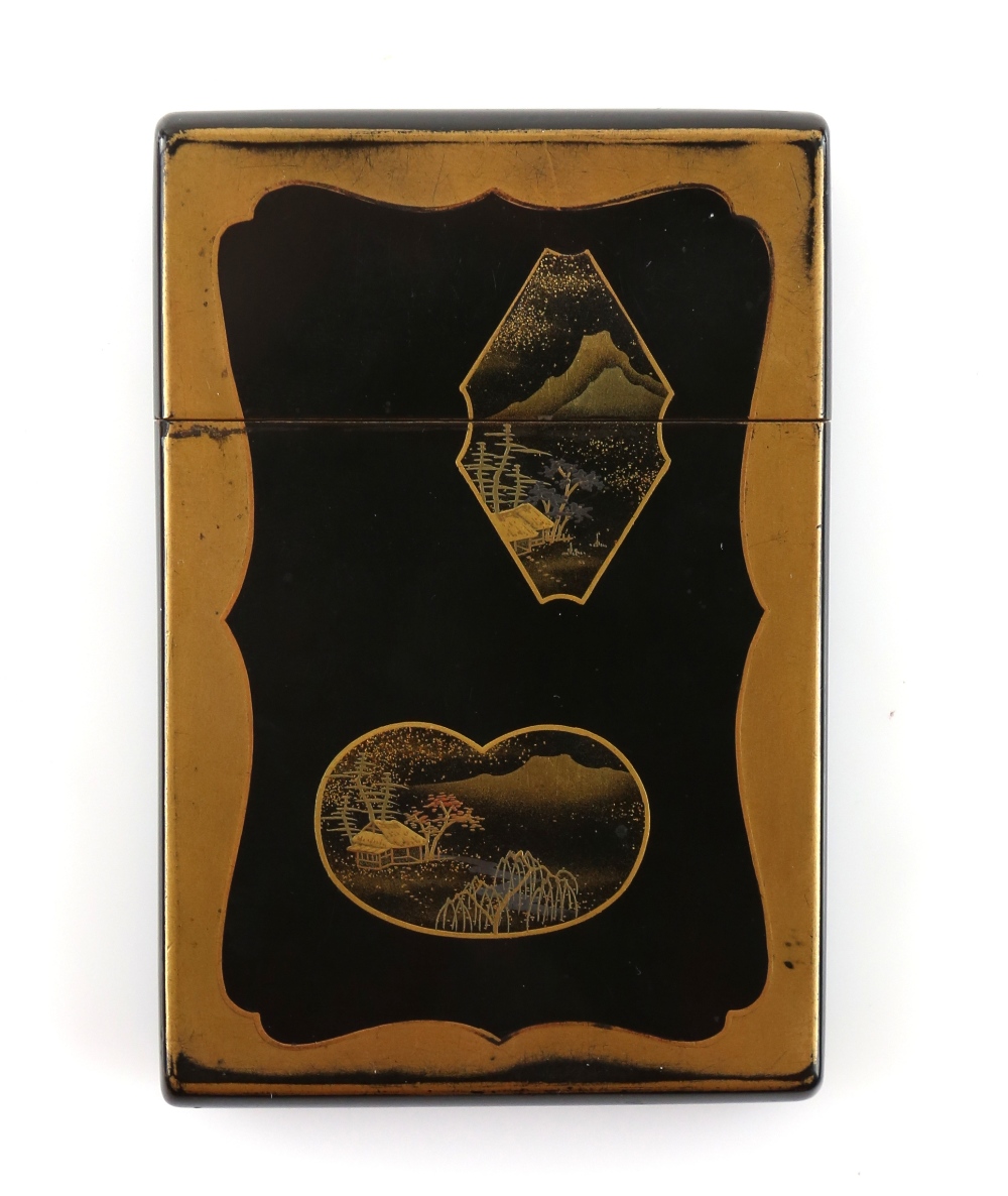 Japanese black lacquered card case with four gilt decorated landscape panels, signed, Provenance; - Image 2 of 2