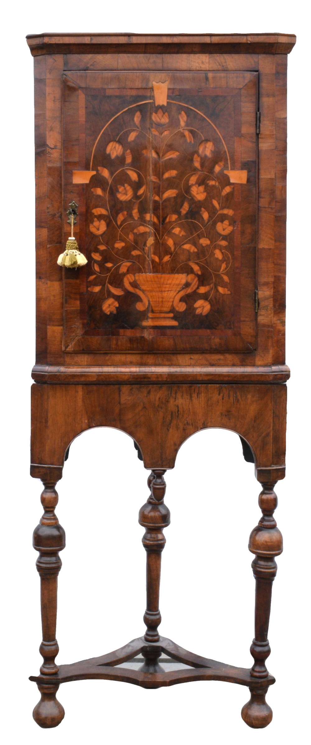 18th Century Dutch mahogany and marquetry inlaid corner cabinet with a single cupboard door on later