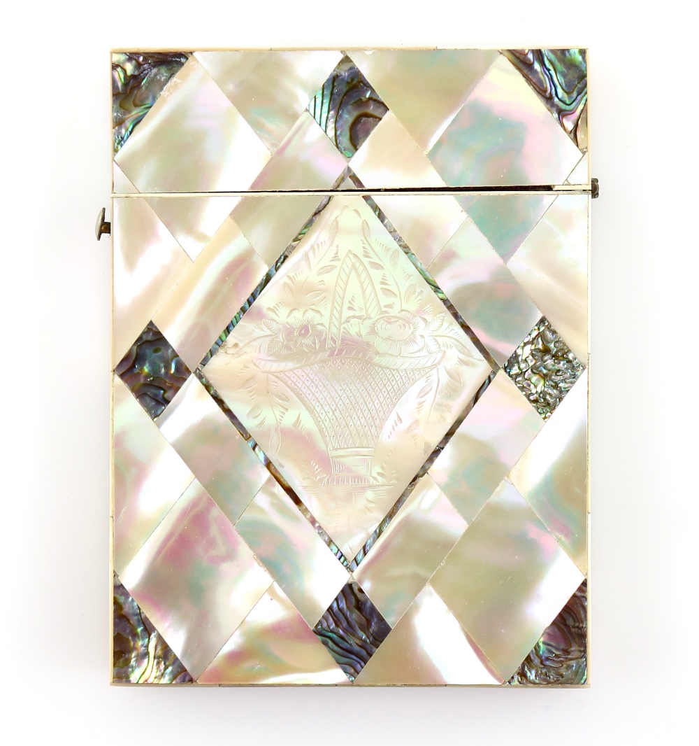 19th century mother of pearl and abalone card case, the front with a diamond shaped mother of