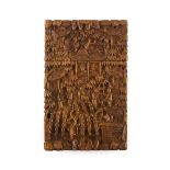 19th century Chinese carved wood card case decorated all over with figures buildings and gardens, 11