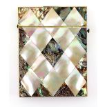 19th century mother of pearl and abalone diamond patterned card case, 10 x 8 cms. .