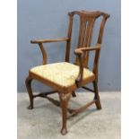 19th century mahogany open armchair, with splat back, carved cabriole legs. .