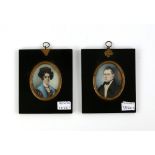 19th century half length portrait on ivory of a Gentleman wearing black bow tie, another of a lady