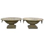 Early 20th century pair of cast iron oval garden urns, with ring handles, on rectangular bases, 37