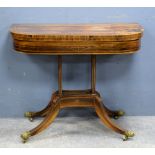 19th Century coromandel card table on shaped base with scroll legs, 73 x 92 cm . .