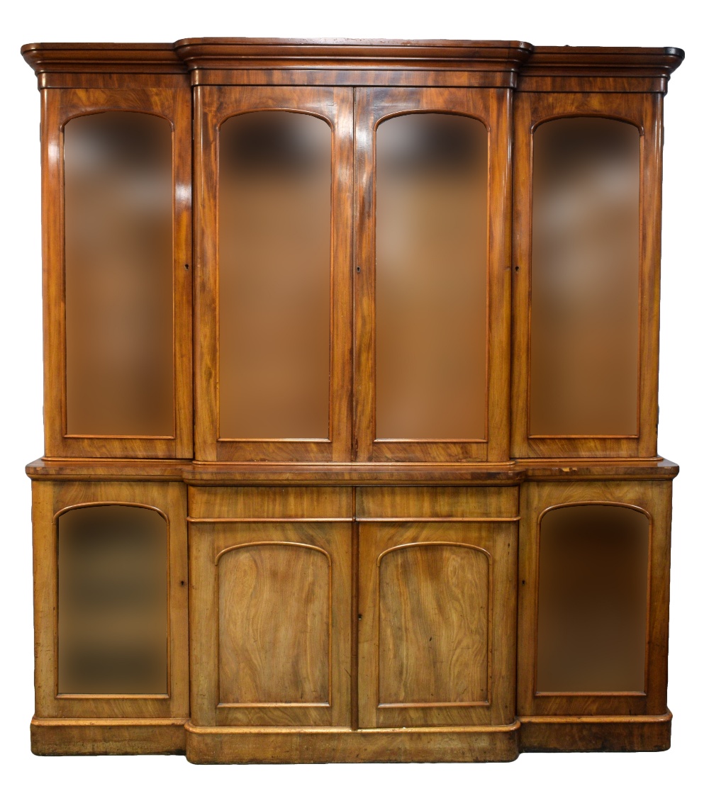 Victorian mahogany breakfront bookcase cabinet with glazed doors over glazed and panelled doors on
