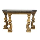 Pair of marble topped console tables, with scroll legs made from antique parts, 150 cm wide x 91