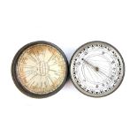 19th century magnetic pocket sundial having printed card dial with Roman numerals and a central