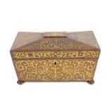 19th Century rosewood and brass inlaid tea caddy, the hinged cover enclosing bowl and two