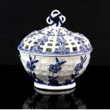 Rare Derby porcelain blue and white chestnut basket with pierced cover and loop handle, circa
