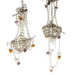 Pair of cut glass chandeliers, with coloured drops. .