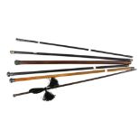 Six silver and white-metal mounted walking sticks, including one sword stick, one with purple gem-