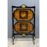 Louis XVI style etagere, the two folding shelves with marquetry inlay on an ebonised stand with