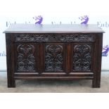 18th Century oak coffer with later carved front, 72 x 111 cm . .