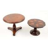 Two miniature mahogany tables, one with starburst top, h9.5cm x d13.5cm, the other h12.5cm x d17.