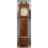 18th century mahogany cased eight day long case clock with painted dial, moon phase dial, subsidiary