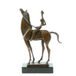 Modern patinated bronze casting of a mounted figure on a horse, unsigned, 24cm high. .