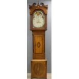 18th century marquetry inlaid oak and mahogany cased eight day long case clock with painted dial,
