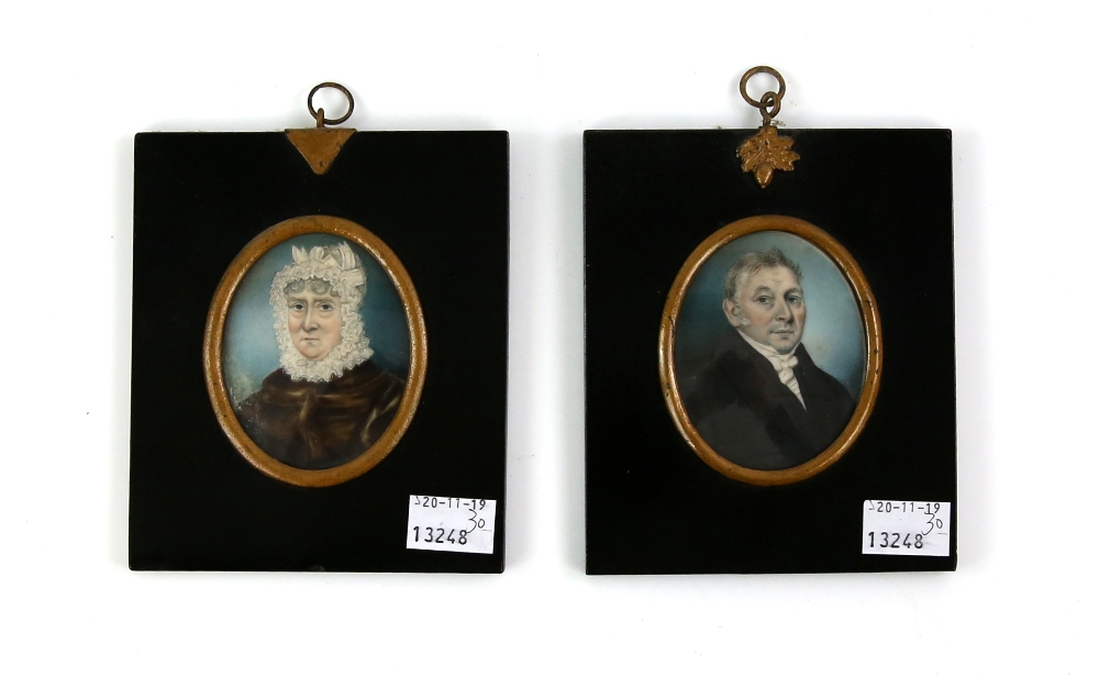 19th century portrait miniature on ivory depicting a gentleman in white bow tie, another of a