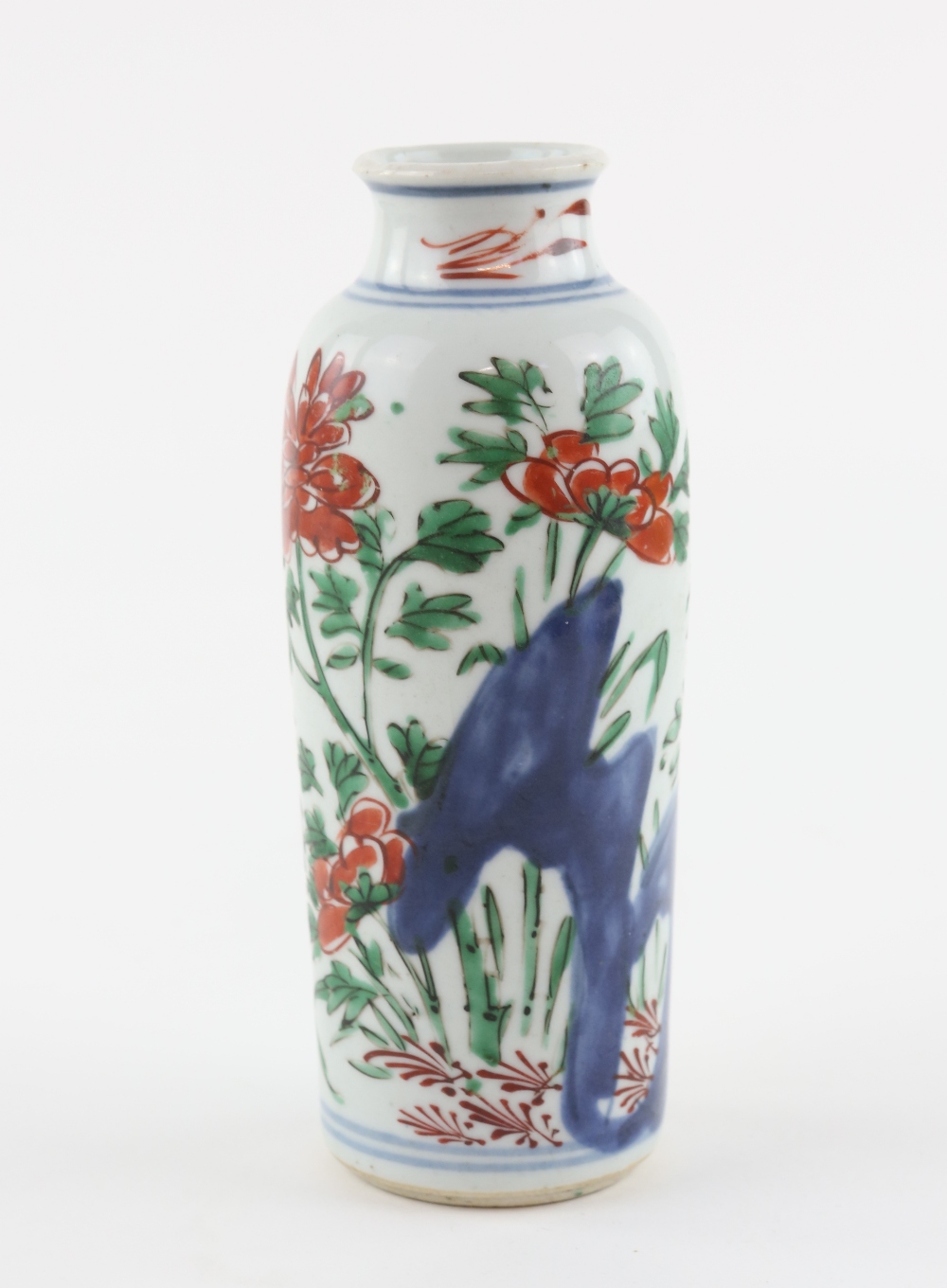 A small Transitional sleeve vase with unglazed base; decorated with orange-red flowers, green - Image 3 of 7