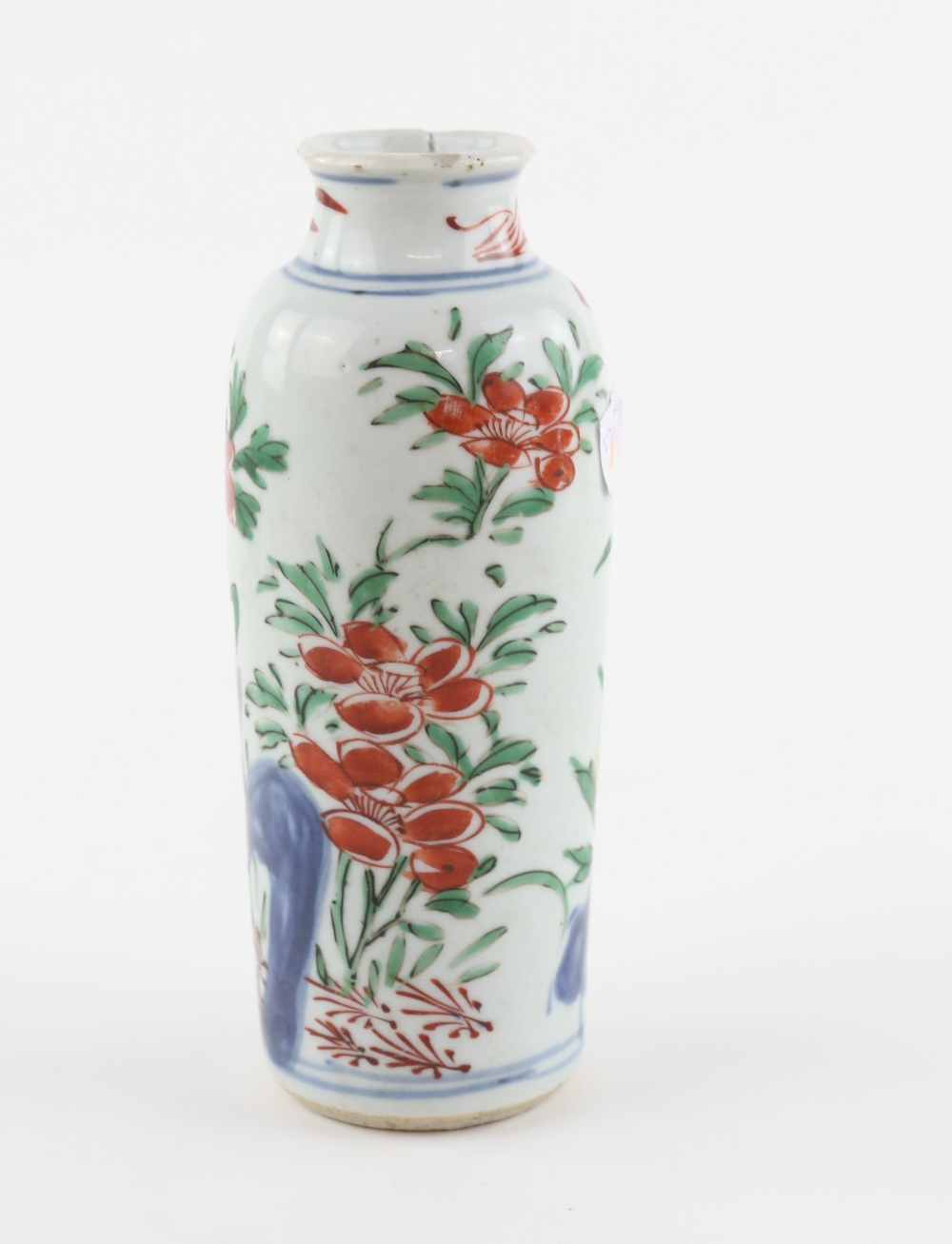 A small Transitional sleeve vase with unglazed base; decorated with orange-red flowers, green - Image 4 of 7