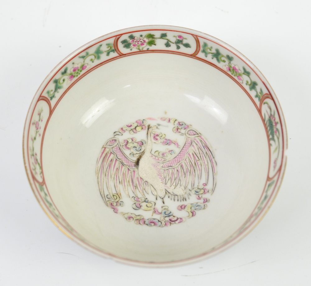 A famille rose bowl, decorated on the exterior with two long-tailed birds beside a large prunus - Image 2 of 3