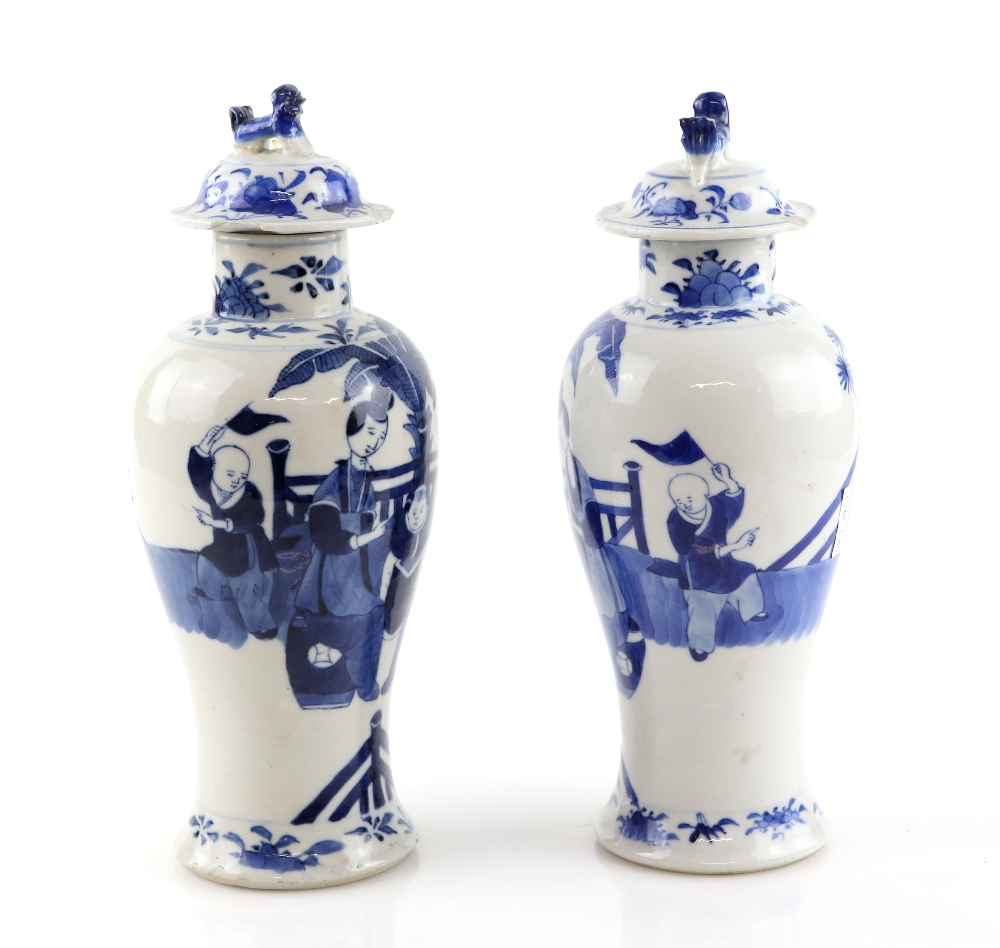 A pair of Chinese blue and white vases; each one with a domed cover and dog-of-fo finial, - Image 4 of 8