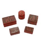 Five red cinnabar [or cinnabar style] boxes, comprising: one decorated with Guanyin; three of