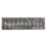 A rectangular wood carving, decorated with ten standing figures, possibly a manuscript cover, 60 x