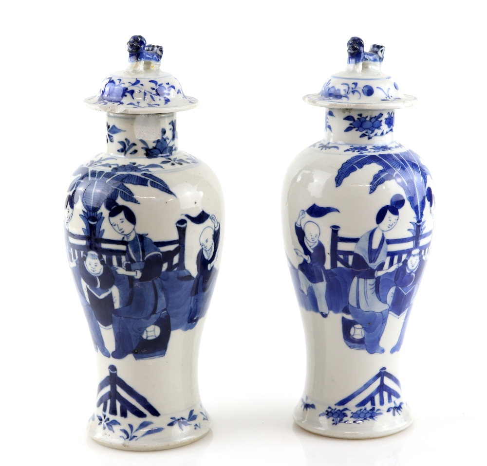 A pair of Chinese blue and white vases; each one with a domed cover and dog-of-fo finial, - Image 3 of 8