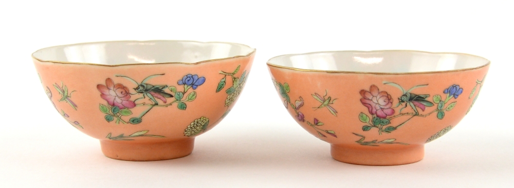 A pair of coral ground, famille rose bowls, each one decorated with insects and floral designs, 9. - Image 7 of 14