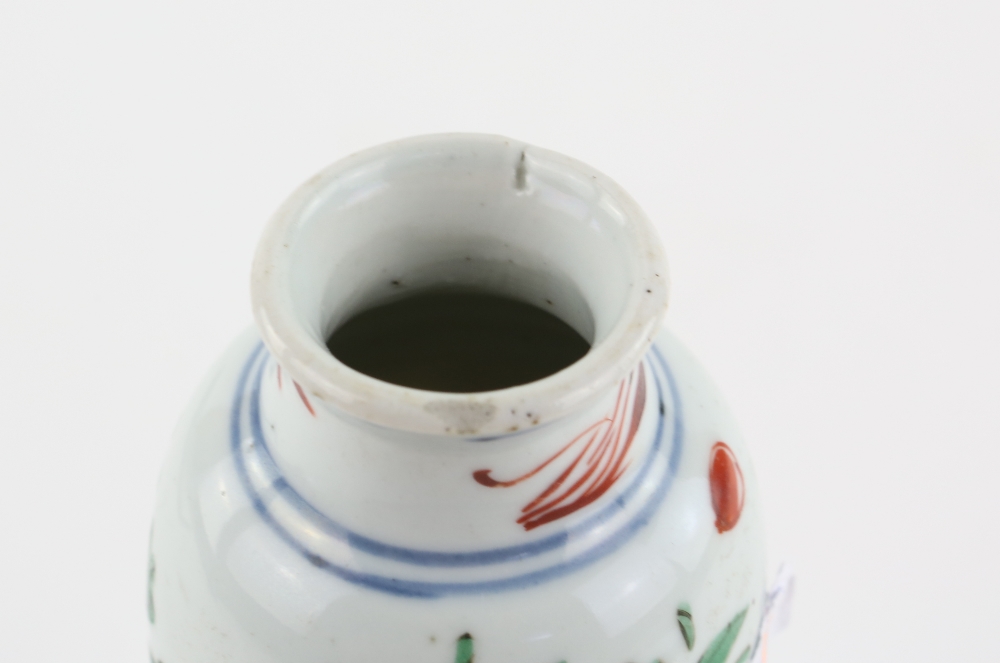 A small Transitional sleeve vase with unglazed base; decorated with orange-red flowers, green - Image 5 of 7